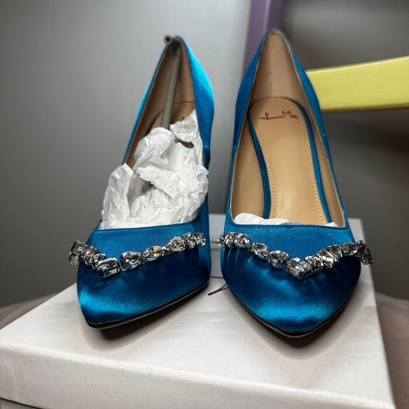 100% Vegan Blue Sateen High Heel with Multi-Shape Jewels - Picture 5 of 9